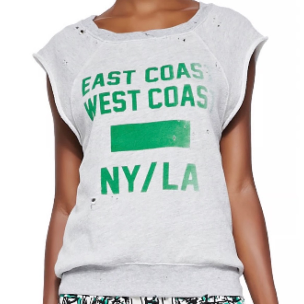 Pam & Gela Gray Distressed Muscle Sweatshirt East Coast, West Coast, NY/LA Small